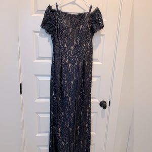 Adrianna Papell long, off shoulder dress, navy over nude lining, size 10